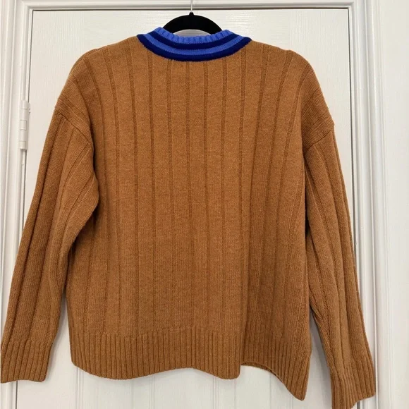 Madewell Camel Tan Ribbed V Neck Sweater Blue Stripe Trim Varsity Size S - Picture 5 of 12